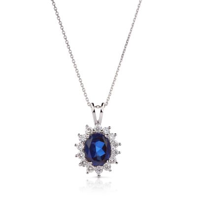 14kt White Gold Blue Sapphire & Diamond Circle Necklace - Freedman Jewelers