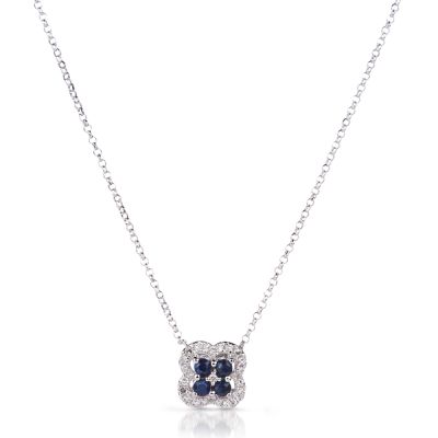 Blue Sapphire and Diamond Clover Necklace in 14K White Gold (1.85mm)