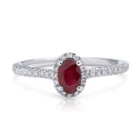 Oval Ruby and Diamond Halo Ring in 18K White Gold