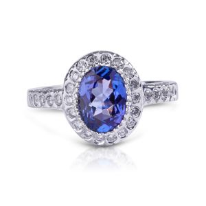 Oval Tanzanite and Diamond Halo Ring in 14K White Gold
