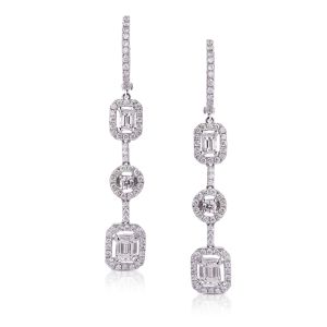 Emerald and Round Halo Diamond Drop Earrings in 18K White Gold (1.89ct)