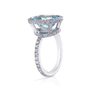 Oval Blue Topaz Diamond Halo Eternity Ring in 18K White Gold and Platinum