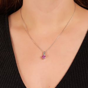 Pink Sapphire Heart and Diamond Pendant in 14K White Gold