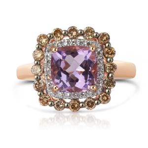 Double Halo Amethyst and Diamond Ring in 14K Rose Gold