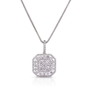 Double Halo Squared Diamond Cluster Pendant in 18K White Gold (1.64ct)