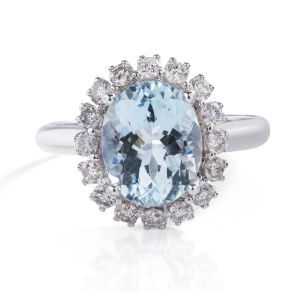 Oval Aquamarine Diamond Halo Ring in 14K White Gold
