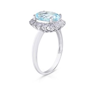 Oval Aquamarine Diamond Halo Ring in 14K White Gold