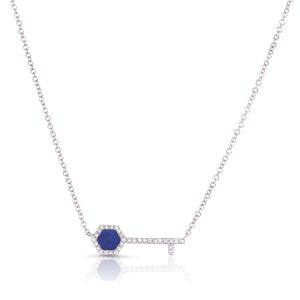 Lapis and Diamond Mini Key Necklace in 14K White Gold (4x5mm)