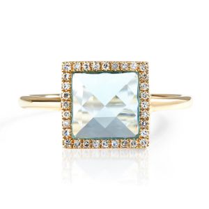 Square Halo Blue Topaz and Diamond Ring in 14K Yellow Gold