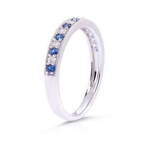 Diamond & Sapphire Milgrain Pavé Ring in 14K White Gold (2mm)