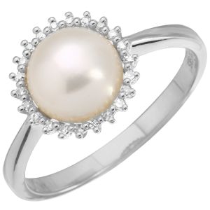 Round Freshwater Pearl & Diamond Halo Ring in 14K White Gold