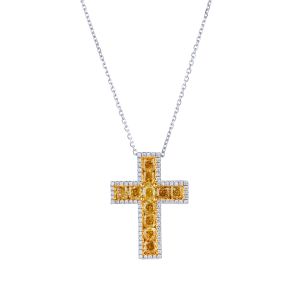 Fancy Yellow and White Diamond Cross Pendant in 18K White and Yellow Gold (2.02ct)
