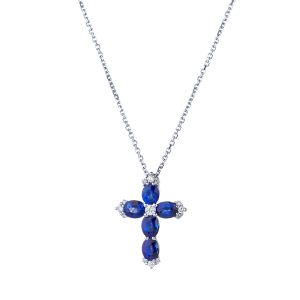 Small Oval Sapphire and Round Diamond Cross Pendant in 18K White Gold