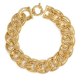 Round Hammered and Diamond Cut Triple Link Bracelet in 14K Yellow Gold