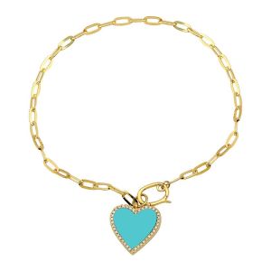 Gemstone Diamond Heart Charm on Paper Clip Link Bracelet in 14K Yellow Gold