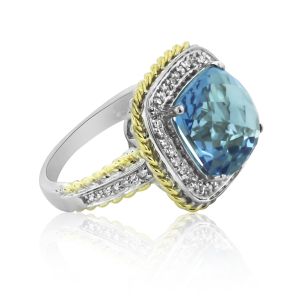 Two-Tone Blue Topaz Diamond Halo Ring in 14K White and Yellow Gold